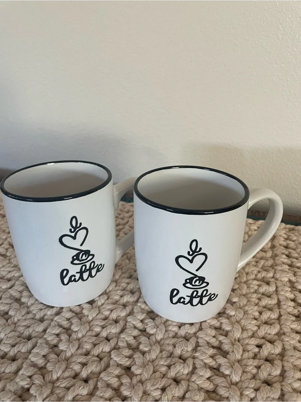 White 'Latte' Ceramic Coffee Mug with Black Trim - Set of 2